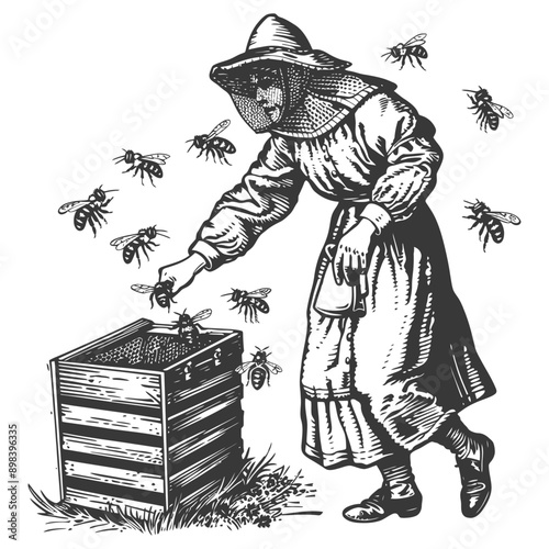 Beekeeper in Protective Gear Inspecting a Beehive