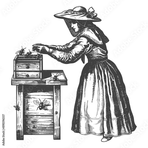 Woman in a Wide Brimmed Hat Inspecting a Beehive