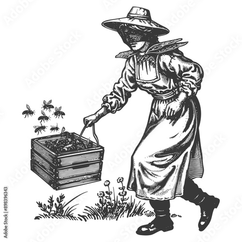 Beekeeper in Protective Gear Carrying a Hive with Bees Flying Around