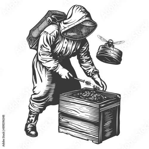 Beekeeper in protective suit inspecting a beehive