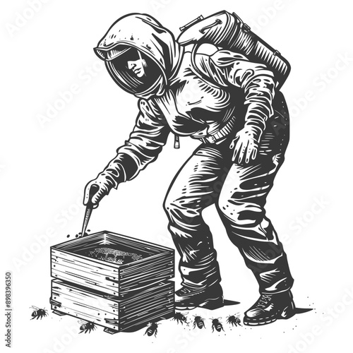 Beekeeper in Protective Gear Checking a Hive