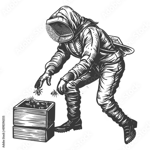 Beekeeper in Protective Suit Putting Bees in a Hive
