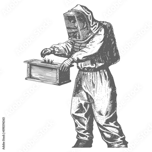 Beekeeper in Protective Gear Opening a Wooden Beehive