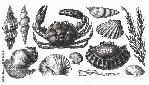 Detailed Black And White Illustration Of Seashells, Crabs, And Seaweed photo