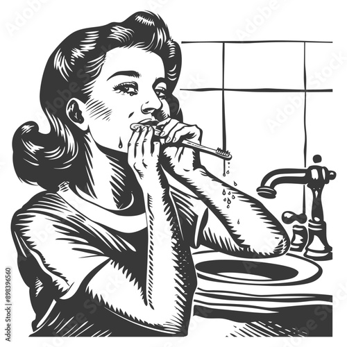 Woman Brushing Teeth in Bathroom with Vintage Faucet