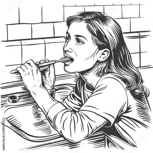 Woman Brushing Her Teeth in a Bathroom