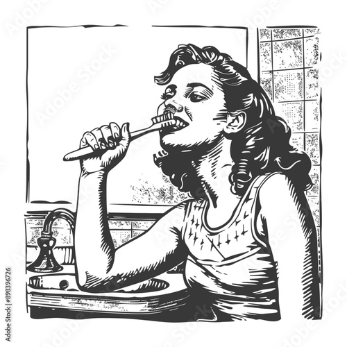 A Vintage Illustration of a Woman Brushing Her Teeth in the Bathroom