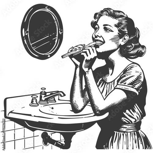 Retro Woman Brushing Teeth In Bathroom with Sink and Mirror