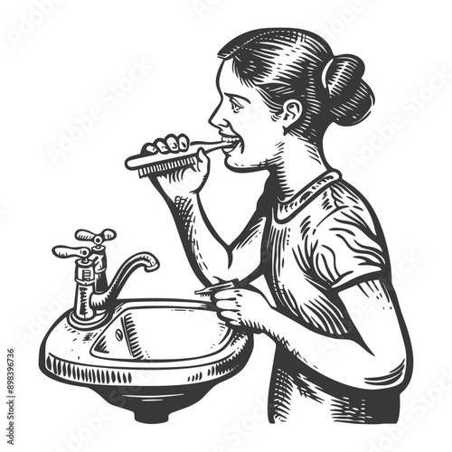 Woman Brushing Her Teeth in the Bathroom