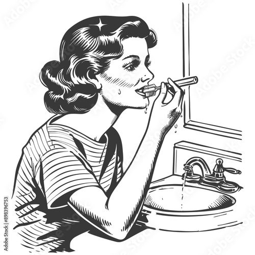 Retro Woman Brushing Teeth in Bathroom Sink