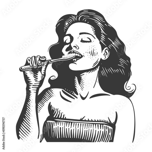 Woman Brushing Her Teeth with a Toothbrush