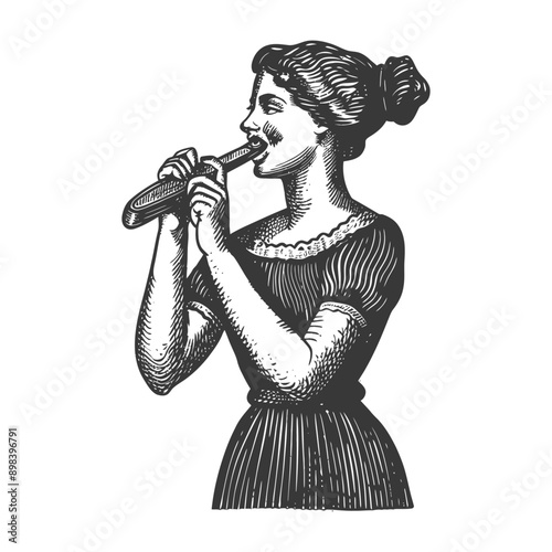 Woman with Bun Playing a Flute Like Instrument