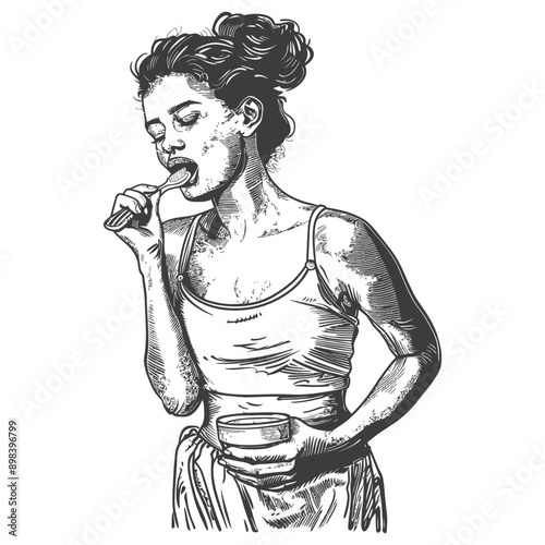 Woman Brushing Teeth Holding a Glass of Water