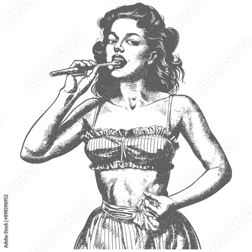 Vintage Illustration of a Woman Brushing Her Teeth