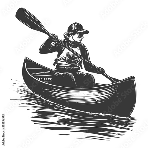 Woman Paddling Canoe on Water in Black and White Illustration