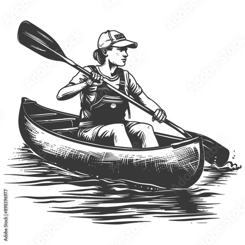 Woman Paddling a Canoe on a Calm Lake