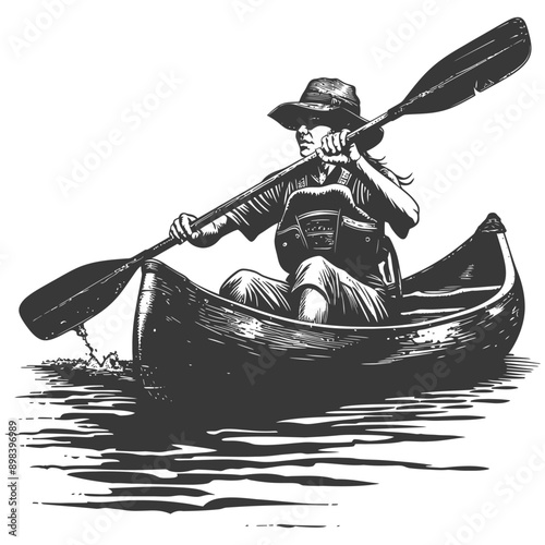 Woman in a Wide Brimmed Hat Paddling a Canoe