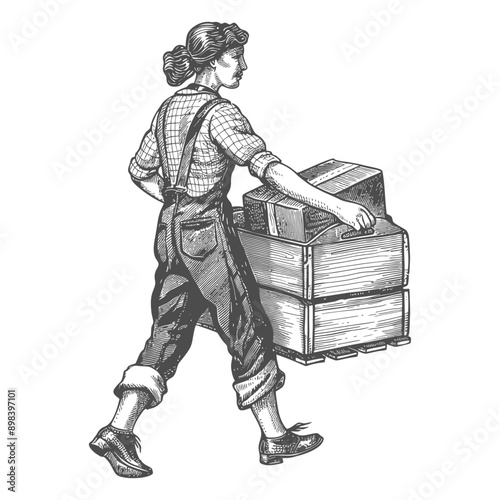 A Woman in Overalls Pushing a Wooden Crate of Goods