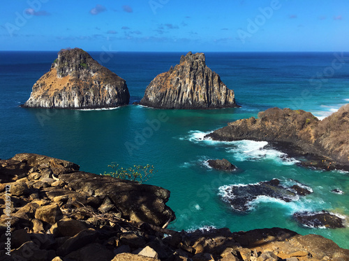 The Two Brothers Rock (Morro Dois Irmãos) in the Bay of the Pigs (Baía dos Porcos), Fernando de Noronha, Brazil