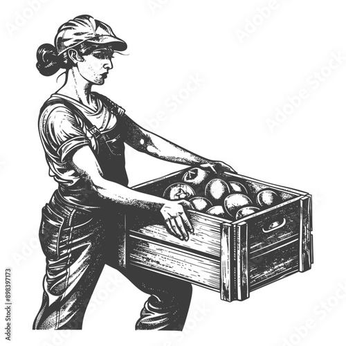 A woman carrying a crate full of produce