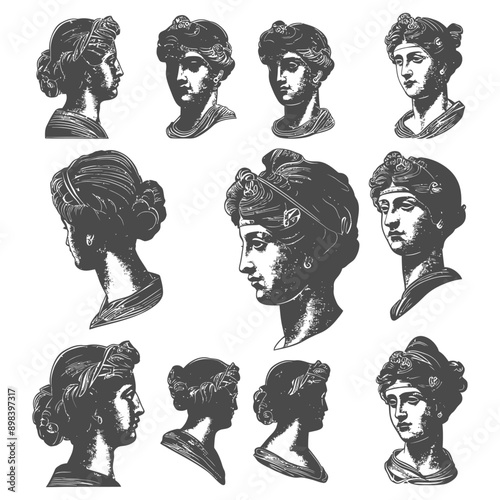 A Collection of Stylized Bust Sculptures of Women with Elaborate Headwear