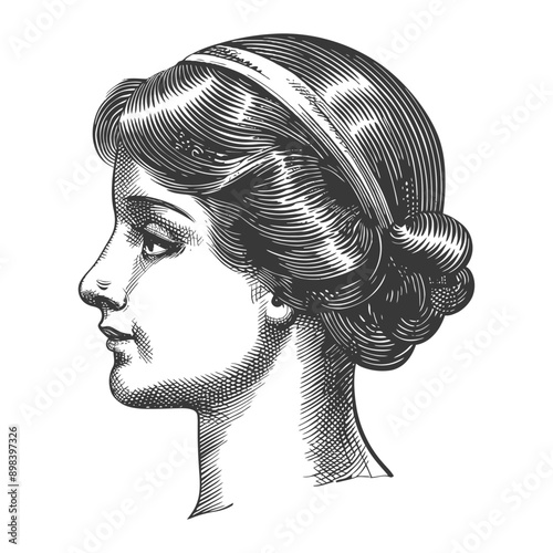Engraved profile portrait of a woman with headband and updo