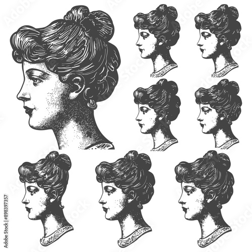 Seven Profile Sketches of a Woman with an Updo Hairstyle