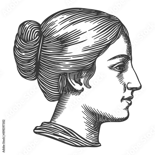Hand Drawn Engraved Illustration of a Womans Profile