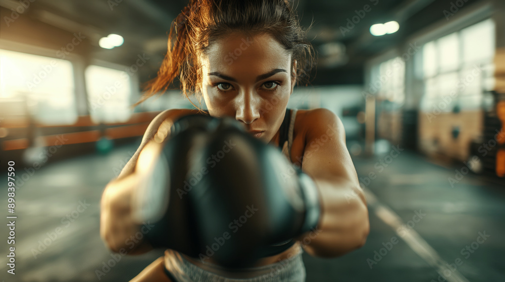 Close-up of a determined woman practicing boxing in a gym, wearing boxing gloves, with a blurred gym environment in the background.