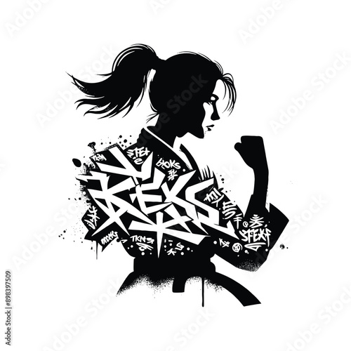 Judo , martial art ,  Karate , Taekwondo  female player in graffiti tags, street art pattern illustration, emblem shield badge