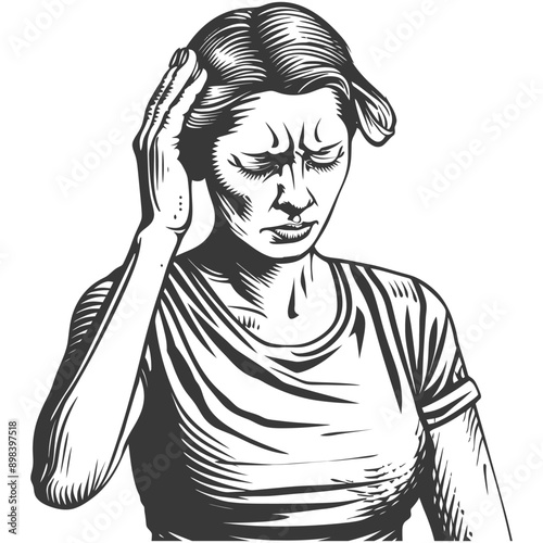 Woman Holding Her Head in Pain Black and White Illustration