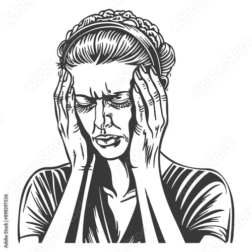 Woman with Headache Holding Her Temples in Pain