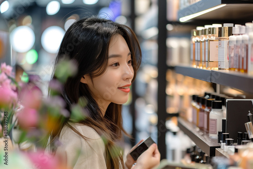 Young woman shopping skincare in department store. Personal care, beauty and shopping concept	