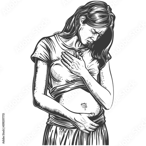 Woman in Pain Holding her Stomach and Chest