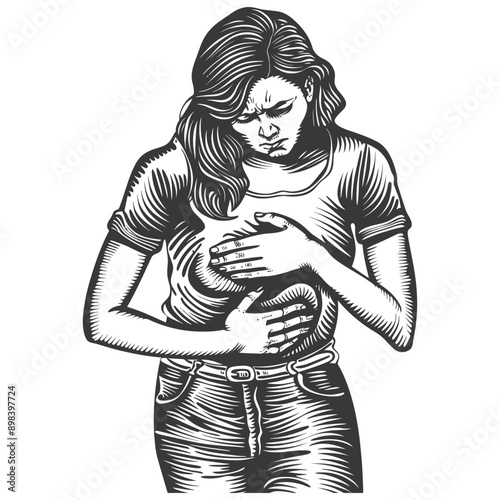 A woman holding her stomach in pain woodcut style