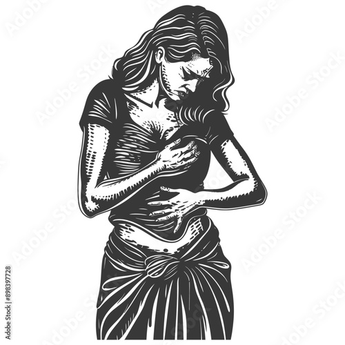 Woman with long hair holding her stomach in pain