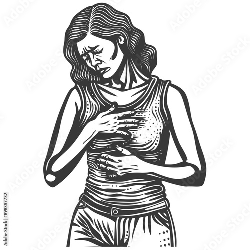 Woman Experiencing Chest Pain Black and White Illustration