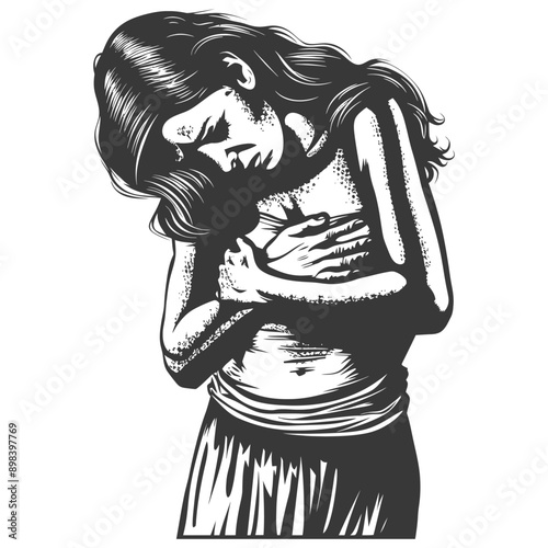 Woman with long hair holding her chest in pain