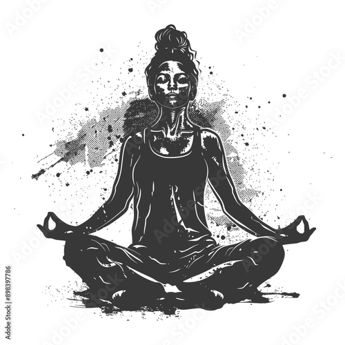 A woman meditates in a lotus position with a bun in her hair surrounded by splattered ink 