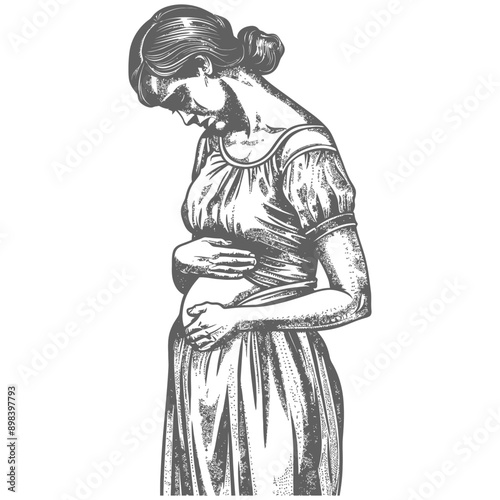 A pregnant woman in a dress with her hands on her belly standing sideways
