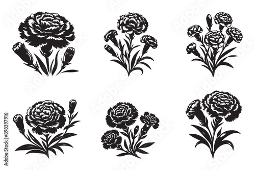 line art of a carnation flowers set silhouette pattern - Generative AI