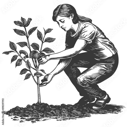Woman Planting a Sapling in the Ground