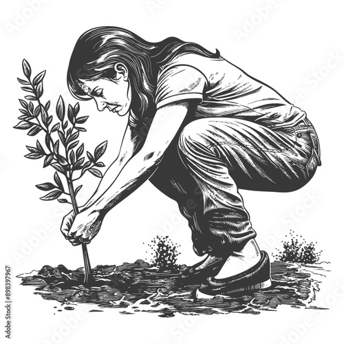 Woman Planting a Sapling in the Ground