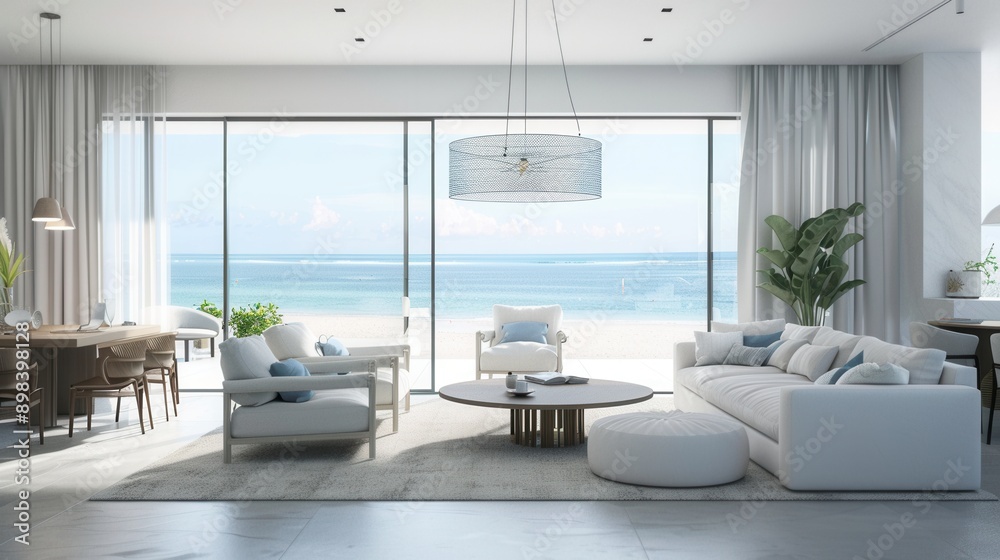 Fototapeta premium Interior view of vacation house with seascape scenic view