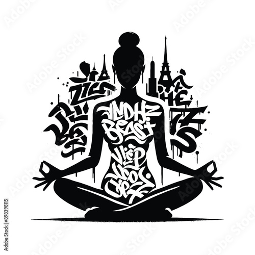 Meditation, yoga  female player in graffiti tags, street art pattern illustration, emblem shield badge
