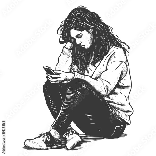 Pensive Woman with Long Hair Using a Smartphone