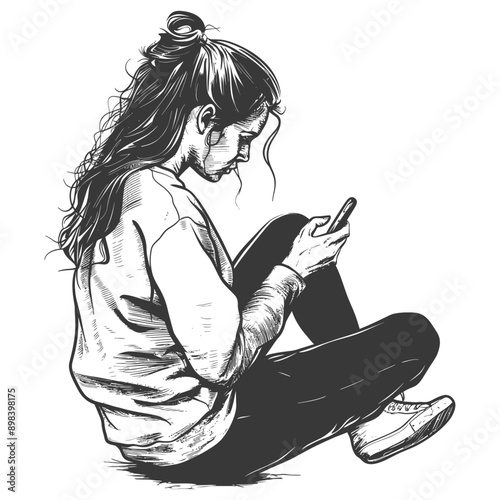Woman with Long Hair Sitting and Looking at a Phone