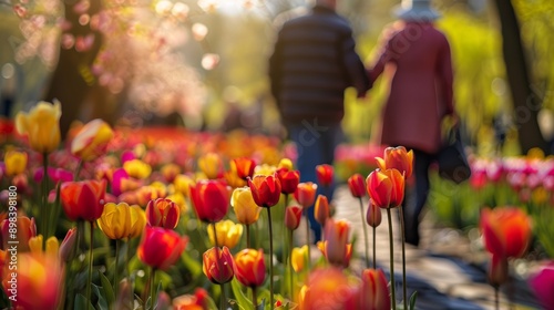 A photograph of an elderly couple walking through a vibrant tulip garden, with colorful flowers stretching out as far as the eye can see. Ultra detailed photo