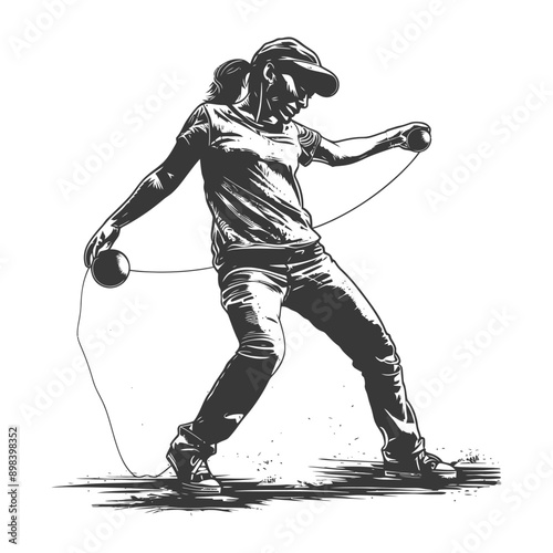 A young woman performing a yo yo trick with a long string 