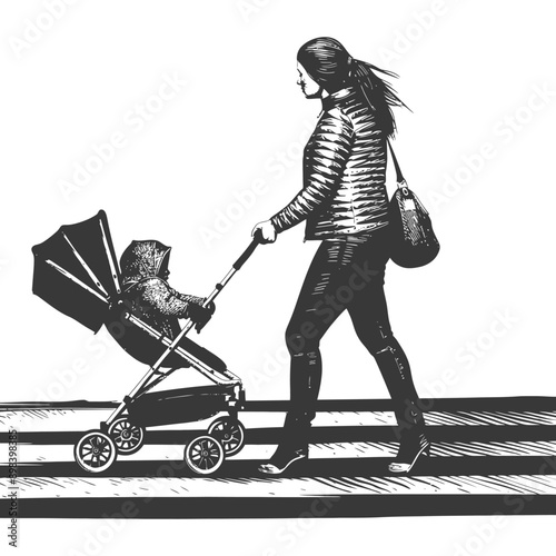 Woman Pushing a Baby Stroller Across a Crosswalk